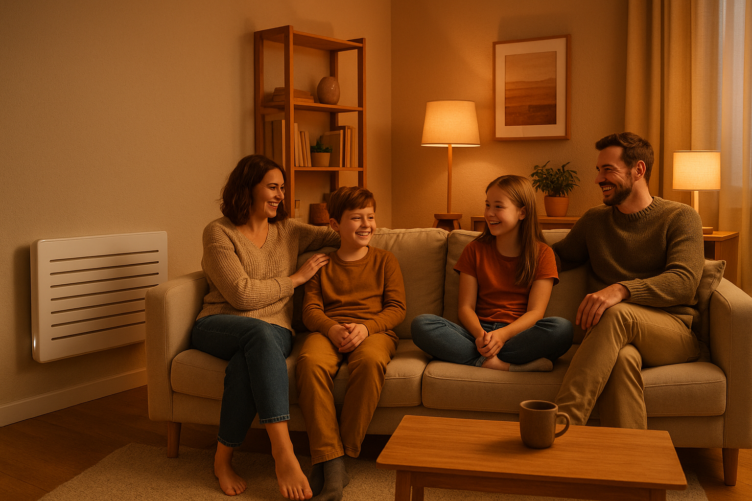 Familie sitzt im warmen, gemütlichen Wohnzimmer